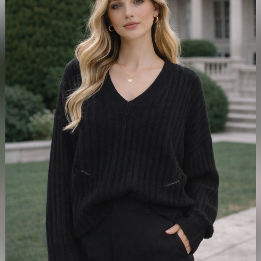 IRO Women's Black Ribbed V-Neck Pullover Sweater Size Medium 51961
